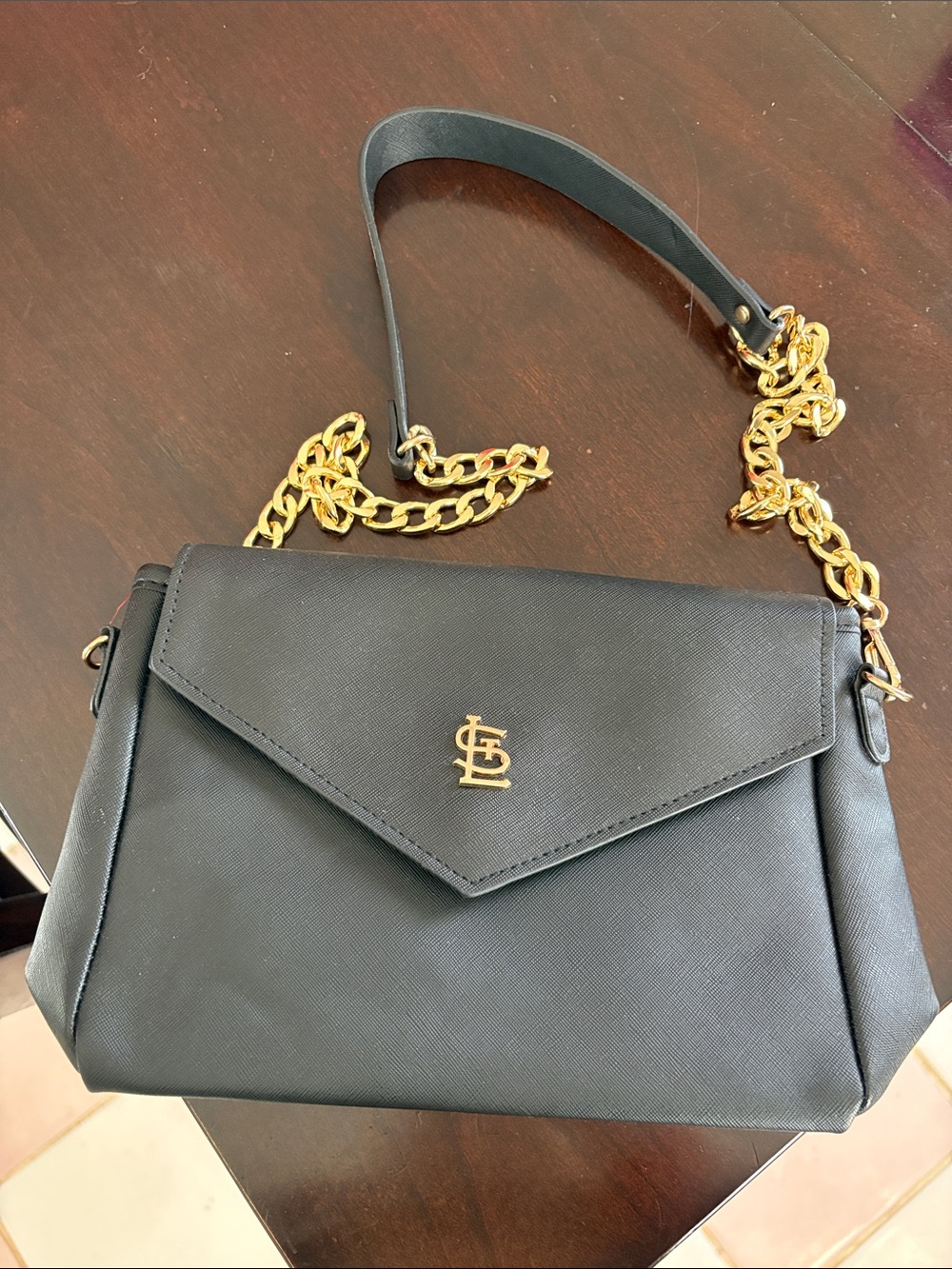 St. Louis Cardinals Black Envelope Shoulder Bag with Gold STL Chain Accent